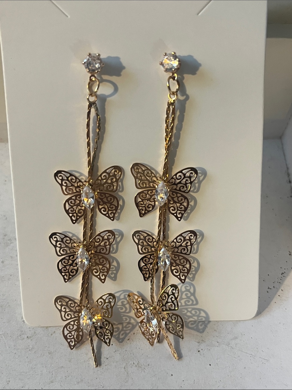 Gold Butterfly Drop Earrings with Clear Crystal Accents